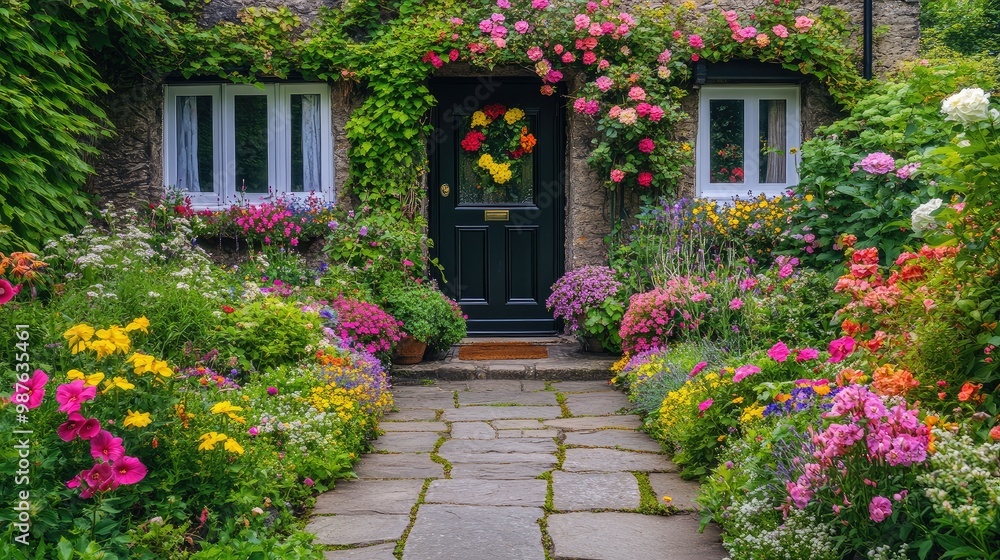 A classic English front yard with vibrant flowers, stone paving, and a picturesque arch covered in climbing ivy, no people, no logo. A classic English front yard with vibrant flowers, stone paving, and a picturesque arch covered in climbing ivy, no people, no logo.
