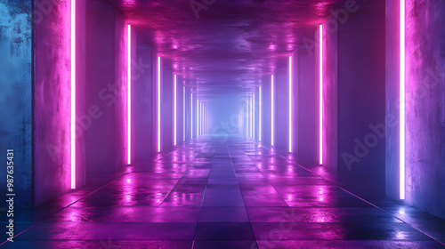 Neon Lights in a 3D Corridor with Wet Tiles