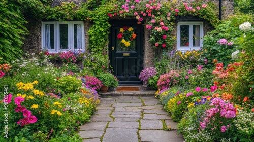 A classic English front yard with vibrant flowers, stone paving, and a picturesque arch covered in climbing ivy, no people, no logo.