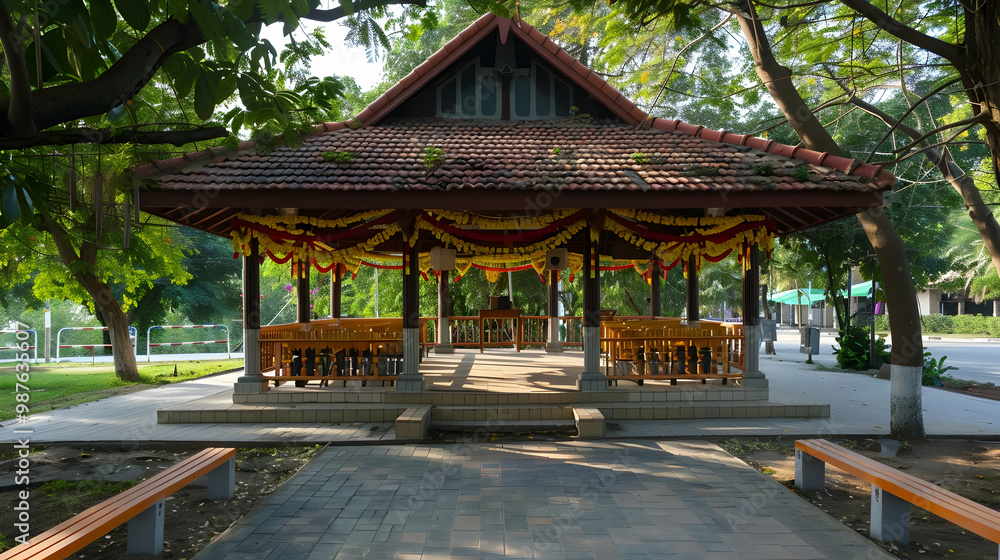 Traditional Wooden Gazebo with Decorative Garland in a Lush Garden Setting Traditional Wooden Gazebo with Decorative Garland in a Lush Garden Setting