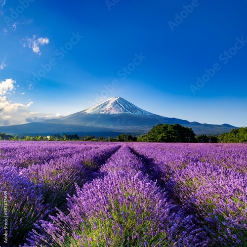 紫色のラベンダー畑の向こうに富士山がそびえる風景。夏の青い空と紫色のラベンダーが美しく調和している。