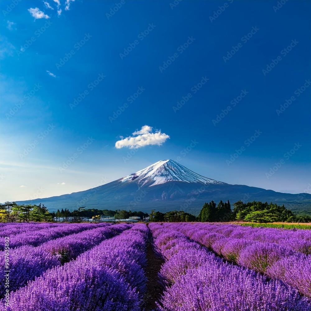 Naklejka premium 紫色のラベンダー畑の向こうに富士山がそびえる風景。夏の青い空と紫色のラベンダーが美しく調和している。