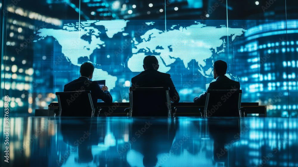 Investors in a conference room discussing global economic trends and forecasting future growth Investors in a conference room discussing global economic trends and forecasting future growth