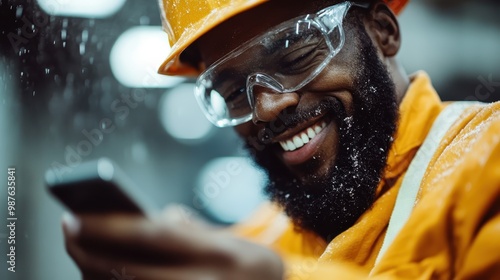 An individual in a yellow raincoat and hard hat is focused on their phone while standing in the rain, highlighting the intersection of technology and manual labor. photo