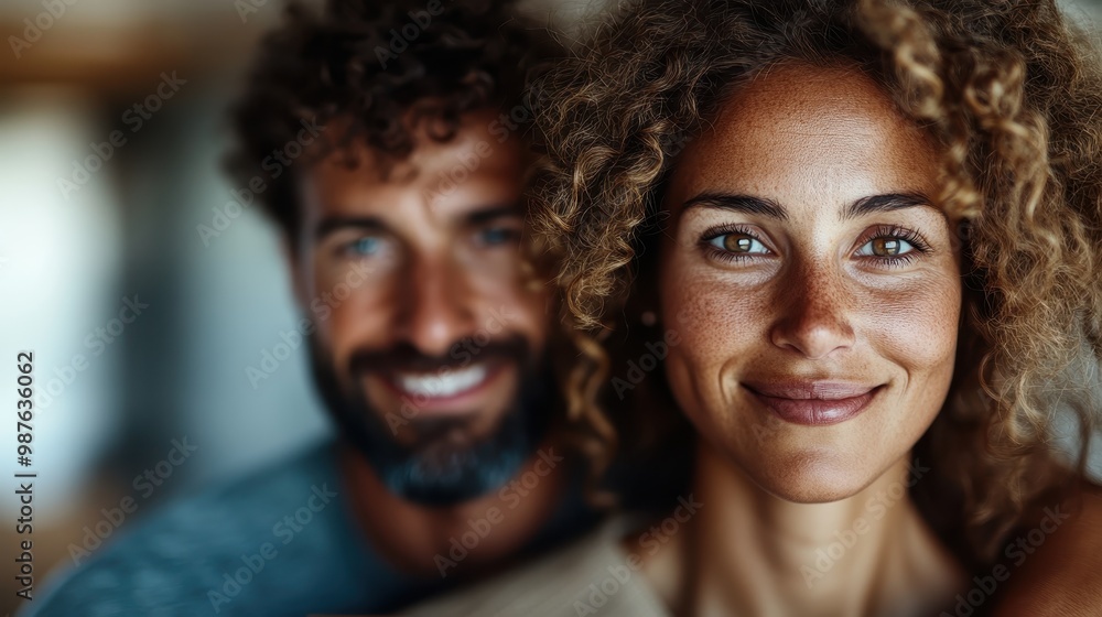 A charming couple with curly hair smiles warmly, wrapped in a brown scarf; their expressions convey love and warmth amidst a softly lit, intimate background. A charming couple with curly hair smiles warmly, wrapped in a brown scarf; their expressions convey love and warmth amidst a softly lit, intimate background.