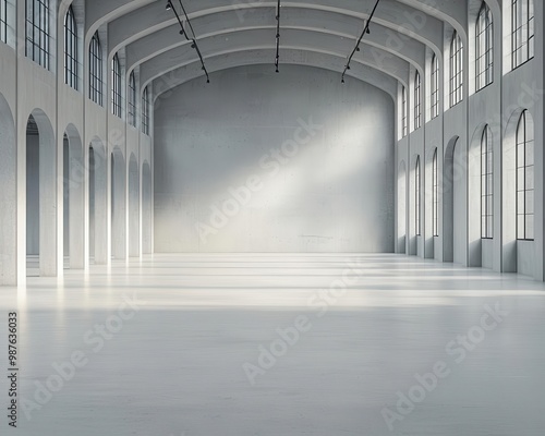 Minimalist industrial building with symmetrical lines, large open spaces, and neutral colors