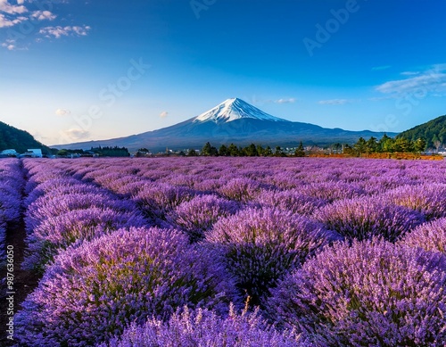 紫色のラベンダー畑の向こうに富士山がそびえる風景。夏の青い空と紫色のラベンダーが美しく調和している。