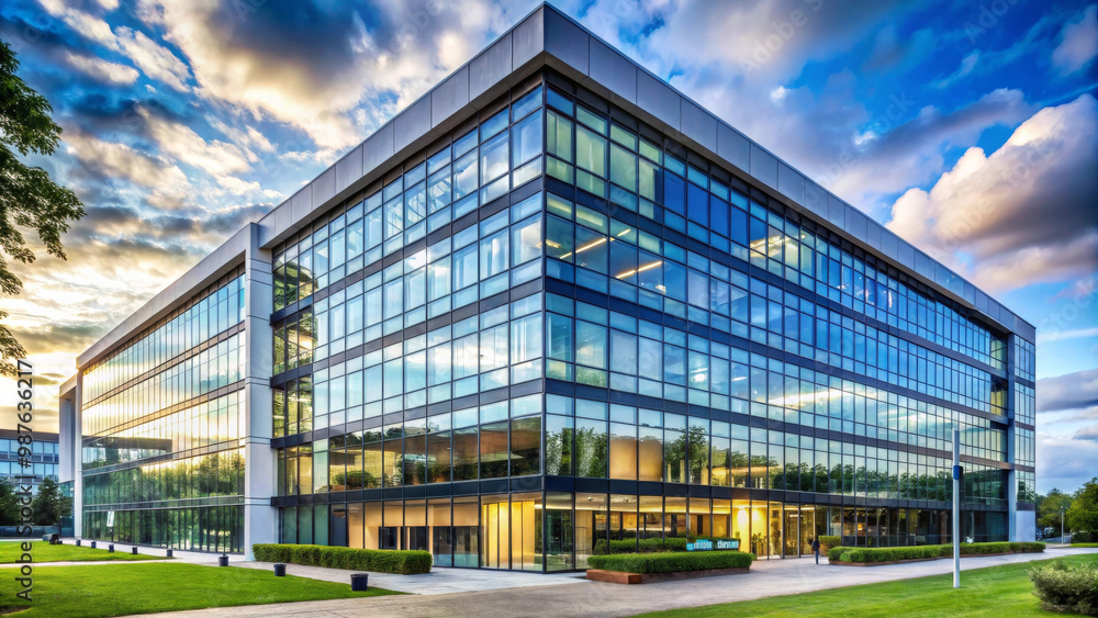 Modern office building with large glass windows reflecting sky and surrounding greenery, showcasing contemporary architecture and vibrant atmosphere Modern office building with large glass windows reflecting sky and surrounding greenery, showcasing contemporary architecture and vibrant atmosphere