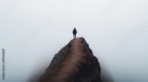 A lone figure walks along a narrow ridge that appears to disappear into thick mist, capturing a sense of journey, solitude, and the ethereal beauty of high altitudes. photo