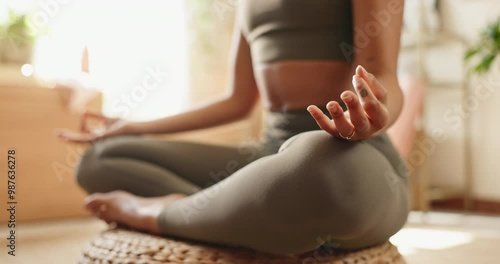 Wallpaper Mural Hands, house and woman with meditation, yoga and wellness with peace, morning routine and stress relief. Apartment, person and girl in living room, closeup and healthy with break, chakra and zen Torontodigital.ca