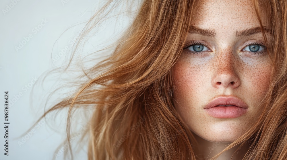 A detailed shot of a freckled woman's face, revealing her closed eyes and serene expression bathed in soft natural light, portraying beauty and tranquility. A detailed shot of a freckled woman's face, revealing her closed eyes and serene expression bathed in soft natural light, portraying beauty and tranquility.