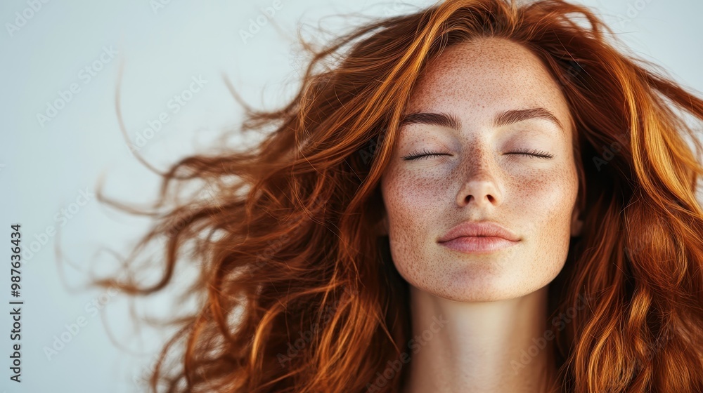 Red-haired woman's serene face in a close-up, her freckles visible and highlighted, eyes closed, capturing a natural moment filled with peace and elegance. Red-haired woman's serene face in a close-up, her freckles visible and highlighted, eyes closed, capturing a natural moment filled with peace and elegance.