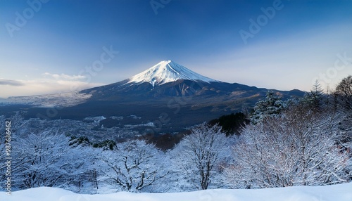 冬の朝、富士山が雪で真っ白