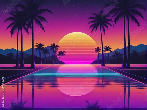 Retro synth art of a tropical island with neon lights, blue ocean, and vintage holiday vibe.