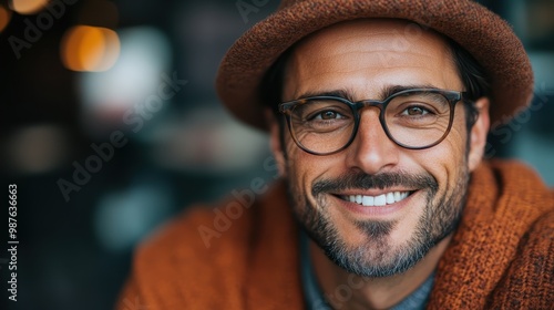 A man wearing a stylish hat and glasses smiles brightly at the camera, exuding positivity and warmth, in a modern and trendy environment. photo