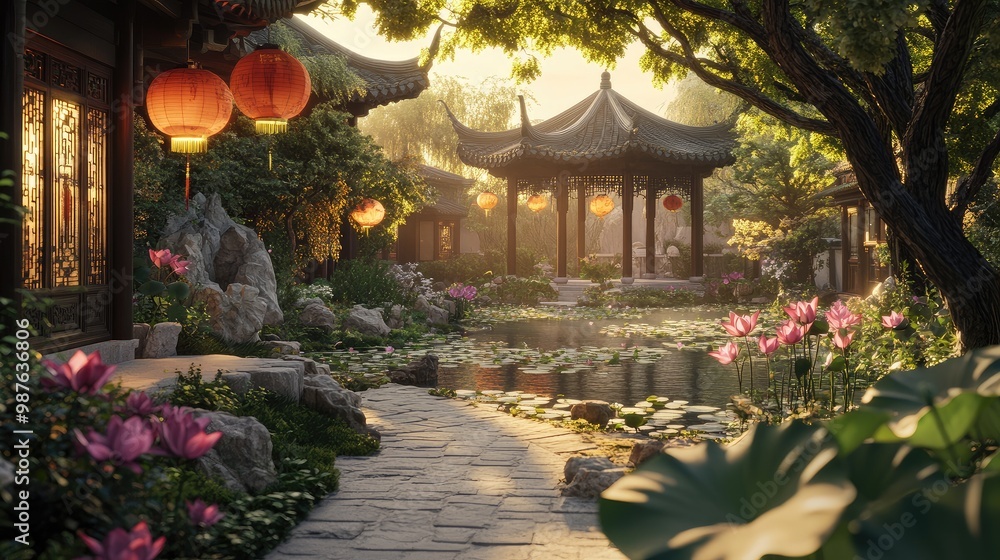 A peaceful Chinese garden with a stone pathway, lotus-filled pond, and decorative lanterns, no people, no logo. A peaceful Chinese garden with a stone pathway, lotus-filled pond, and decorative lanterns, no people, no logo.