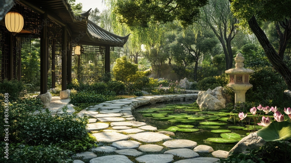 A peaceful Chinese garden with a stone pathway, lotus-filled pond, and decorative lanterns, no people, no logo. A peaceful Chinese garden with a stone pathway, lotus-filled pond, and decorative lanterns, no people, no logo.