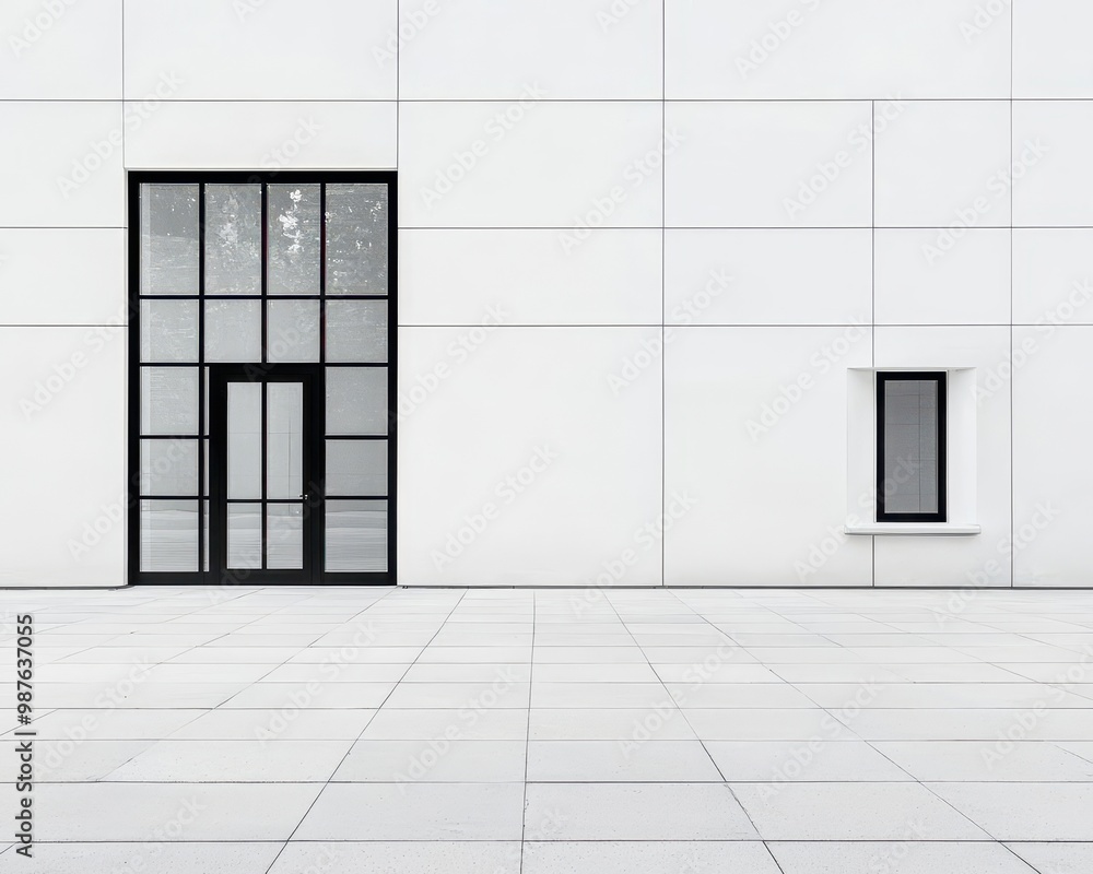 Factory building exterior with minimalist architectural elements, clean surfaces, and geometric precision Factory building exterior with minimalist architectural elements, clean surfaces, and geometric precision