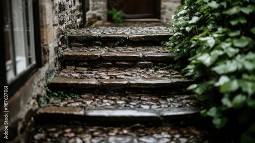 This image captures a stone stairway with ivy-covered walls in a rustic setting, wet from rain, exuding an ancient and natural charm that speaks of history and tranquility. photo