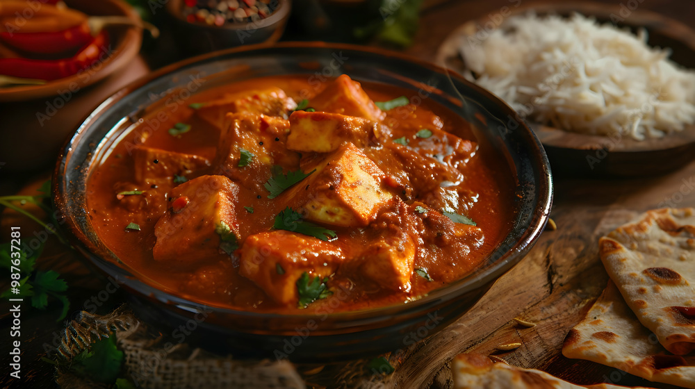 Close-up of a Delicious Indian Paneer Curry with Rice and Naan Bread Close-up of a Delicious Indian Paneer Curry with Rice and Naan Bread