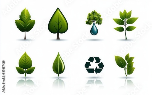 The collection of environmental icons including tree, recycle symbol, and water drop, green and blue tones, clean and modern, perfect for sustainability or ecofriendly themes photo