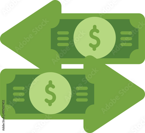 Green dollar banknotes forming two opposite arrows representing money exchange, cash flow or funds transfer