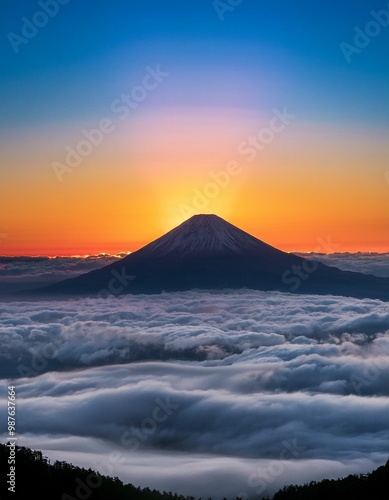 日の出の光に照らされた富士山の頂が、広がる雲海の上にぽっかりと現れる。雲の海が幻想的で、まるで空中に広がるかのような光景