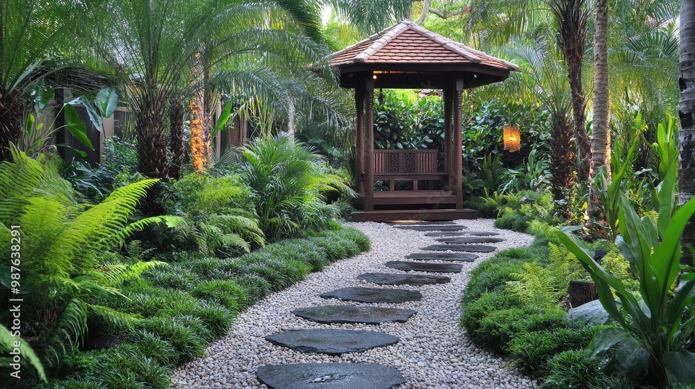 A rustic Thai front yard garden with a small wooden gazebo, surrounded by ferns, palms, and a stone path, no people, no logo. A rustic Thai front yard garden with a small wooden gazebo, surrounded by ferns, palms, and a stone path, no people, no logo.