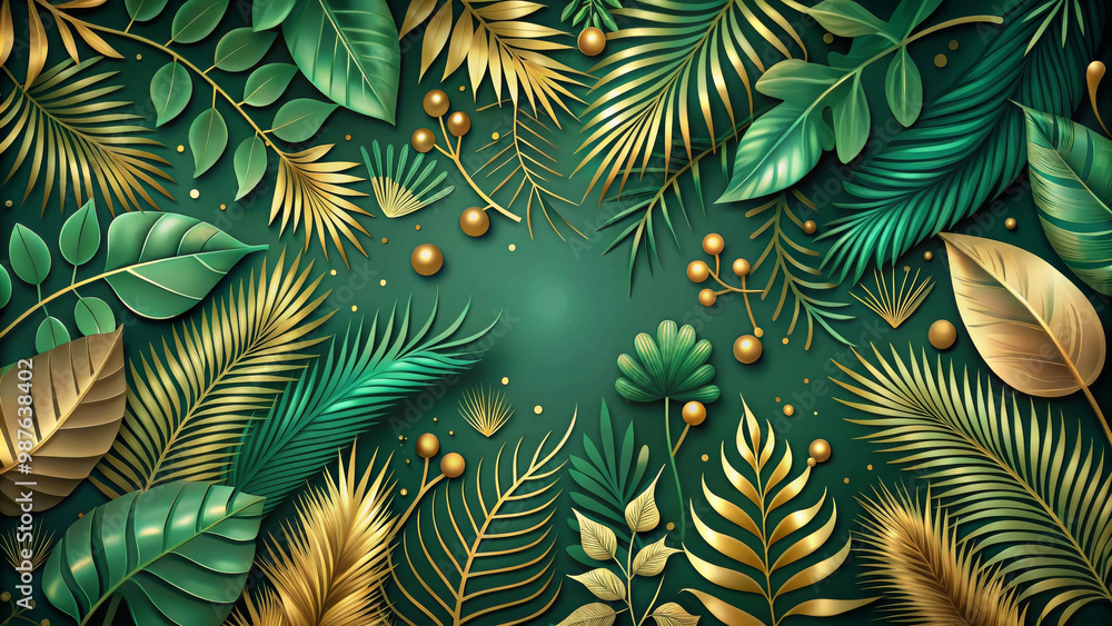 Lush green and gold botanical background featuring various tropical leaves and foliage, creating vibrant and elegant atmosphere perfect for design projects Lush green and gold botanical background featuring various tropical leaves and foliage, creating vibrant and elegant atmosphere perfect for design projects