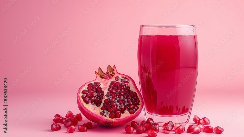 pomegranate juice and pomegranate on pink background pomegranate juice and pomegranate on pink background