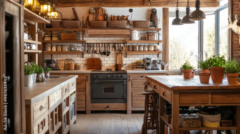 Interior of a modern rustic kitchen with wooden furniture and plants Interior of a modern rustic kitchen with wooden furniture and plants