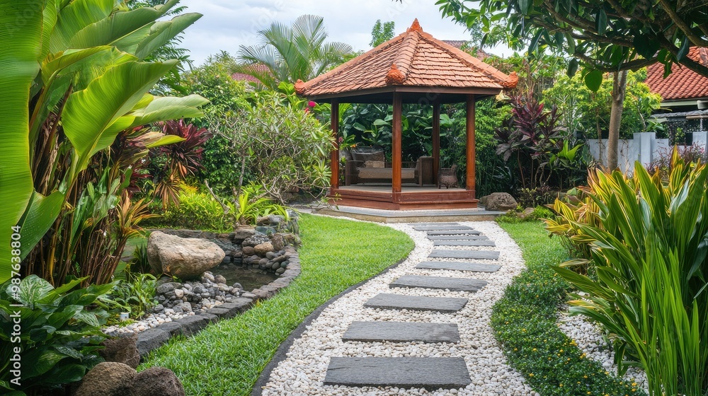 A serene Balinese-style front yard garden with a stone path, tropical plants, and a wooden gazebo, no people, no logo. A serene Balinese-style front yard garden with a stone path, tropical plants, and a wooden gazebo, no people, no logo.