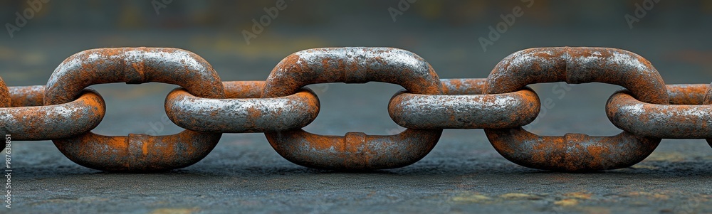 Rusty chain links are shown on a concrete surface Rusty chain links are shown on a concrete surface
