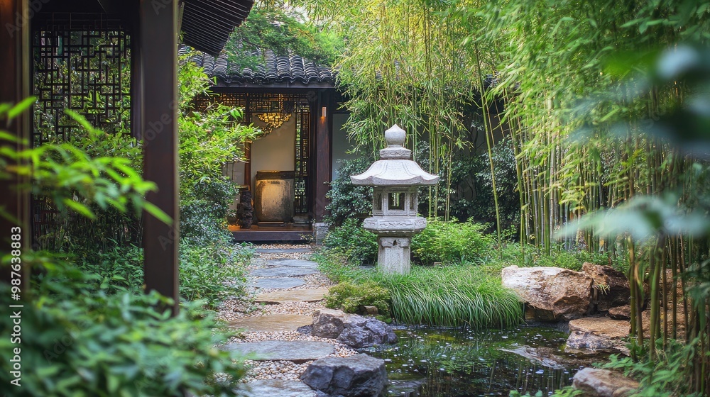A serene Chinese front yard garden with a stone lantern, lush green bamboo, and a water feature, no people, no logo. A serene Chinese front yard garden with a stone lantern, lush green bamboo, and a water feature, no people, no logo.