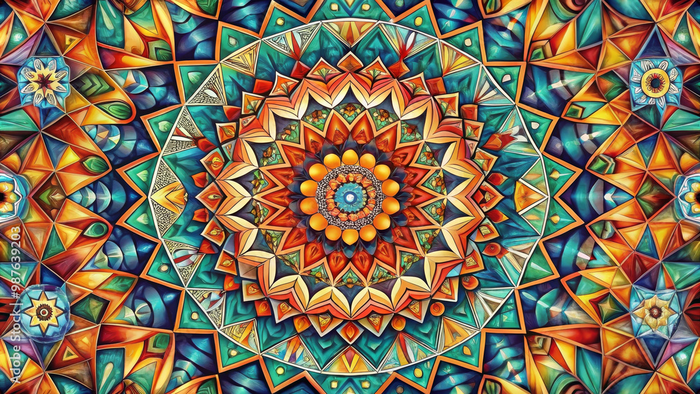 Vibrant abstract geometric pattern artwork featuring intricate designs and vivid colors. This mesmerizing composition showcases kaleidoscope of shapes and hues, evoking sense of wonder and Vibrant abstract geometric pattern artwork featuring intricate designs and vivid colors. This mesmerizing composition showcases kaleidoscope of shapes and hues, evoking sense of wonder and
