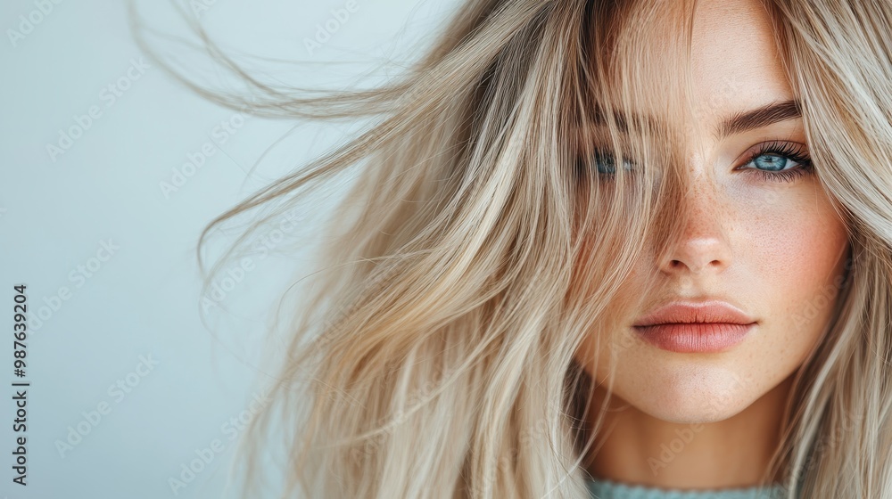 A captivating portrait of a woman with windswept hair and engaging blue eyes, conveying a sense of freedom and vitality mixed with a subtle smile in a bright space. A captivating portrait of a woman with windswept hair and engaging blue eyes, conveying a sense of freedom and vitality mixed with a subtle smile in a bright space.