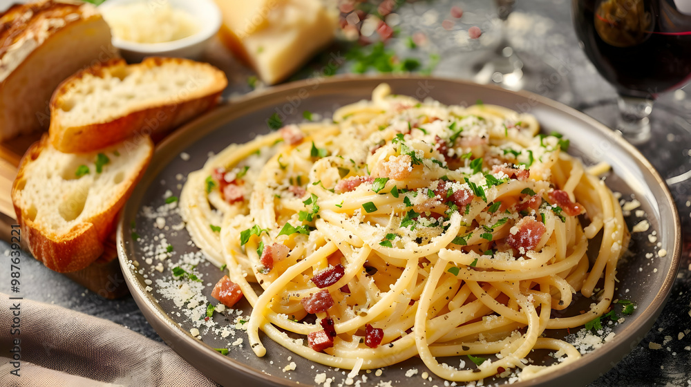 Classic Carbonara Pasta with Parmesan Cheese and Bacon