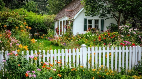 A serene English front yard with lush greenery, a white picket fence, and vibrant cottage flowers, no people, no logo.