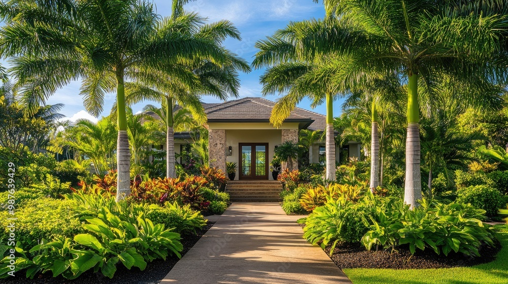 A serene front yard with resort-style landscaping, shaded by tall palm trees and surrounded by tropical plants, no people, no logos. A serene front yard with resort-style landscaping, shaded by tall palm trees and surrounded by tropical plants, no people, no logos.