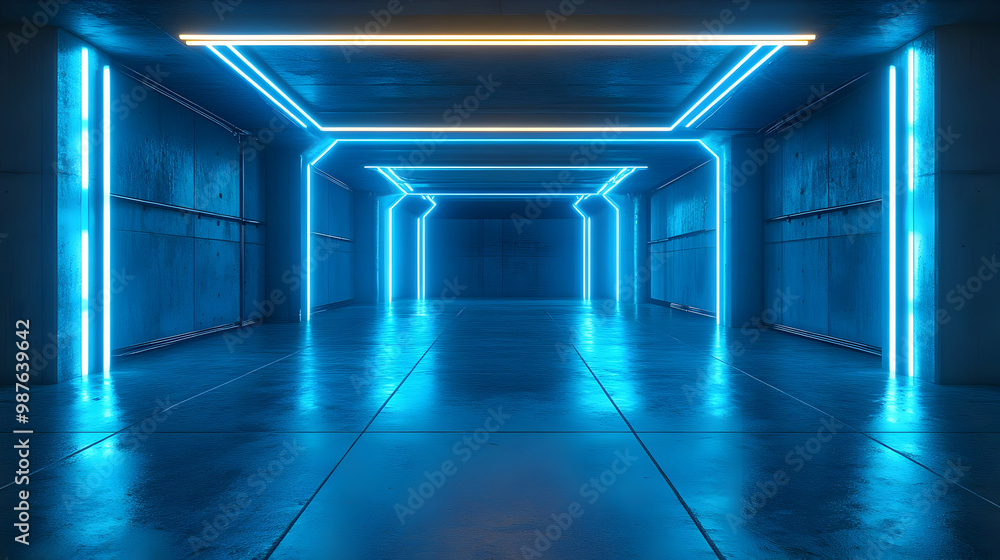 Blue Neon Lights Corridor 3D Rendering Blue Neon Lights Corridor 3D Rendering