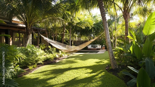 A shady front yard with a hammock under palm trees, resort-style landscaping with tropical plants, no people, no logos.