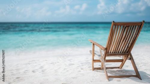 A wooden chair stands alone on a white sandy beach, facing the stunning turquoise waters of the sea, evoking feelings of serenity and reflection.