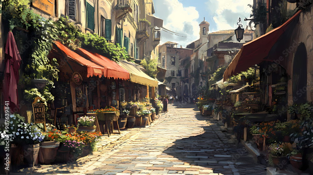 Renaissance market street: a tapestry of light and shadow. Renaissance Italy. Illustration Renaissance market street: a tapestry of light and shadow. Renaissance Italy. Illustration