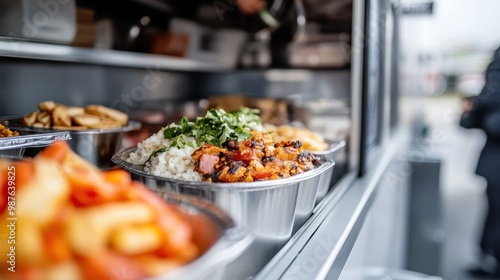 Close-up shot of food containers filled with savory meals from a food truck, highlighting vibrant colors, ingredient textures, and the appeal of mobile street cuisine. photo