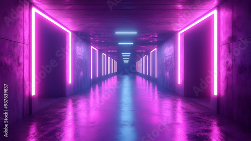 Neon Lights In A Dark Hallway 3D Illustration