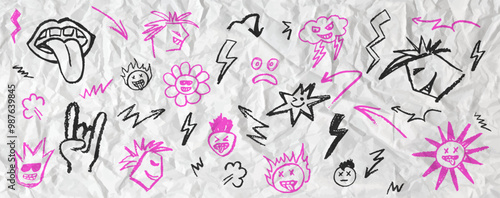 Grunge rock set of blackand pink doodle elements. Wax pencil drawing mouth with tongue hanging out, punks and cartoon faces in the rock n roll music style. Vector goat gesture on black background.