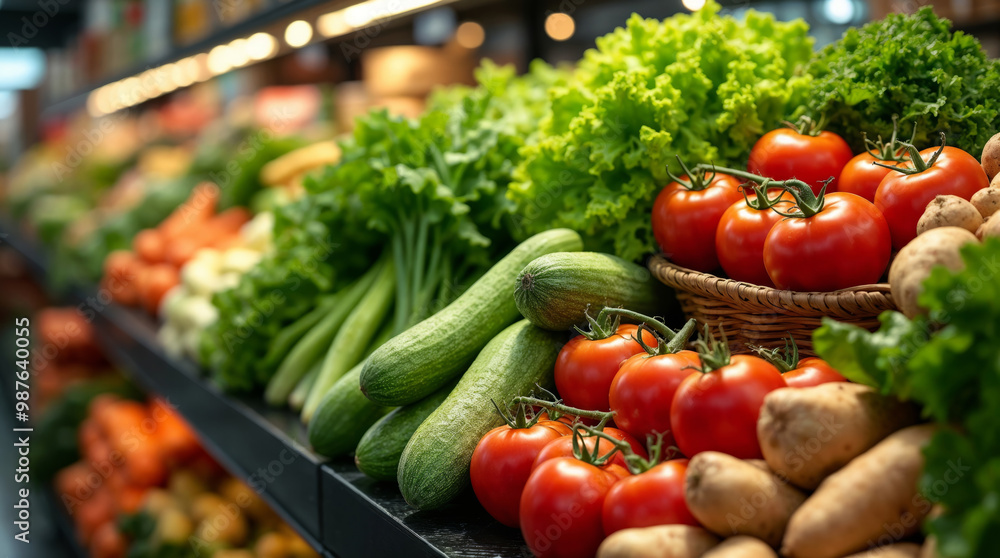 Neatly displayed fresh vegetables on a store shelf Neatly displayed fresh vegetables on a store shelf