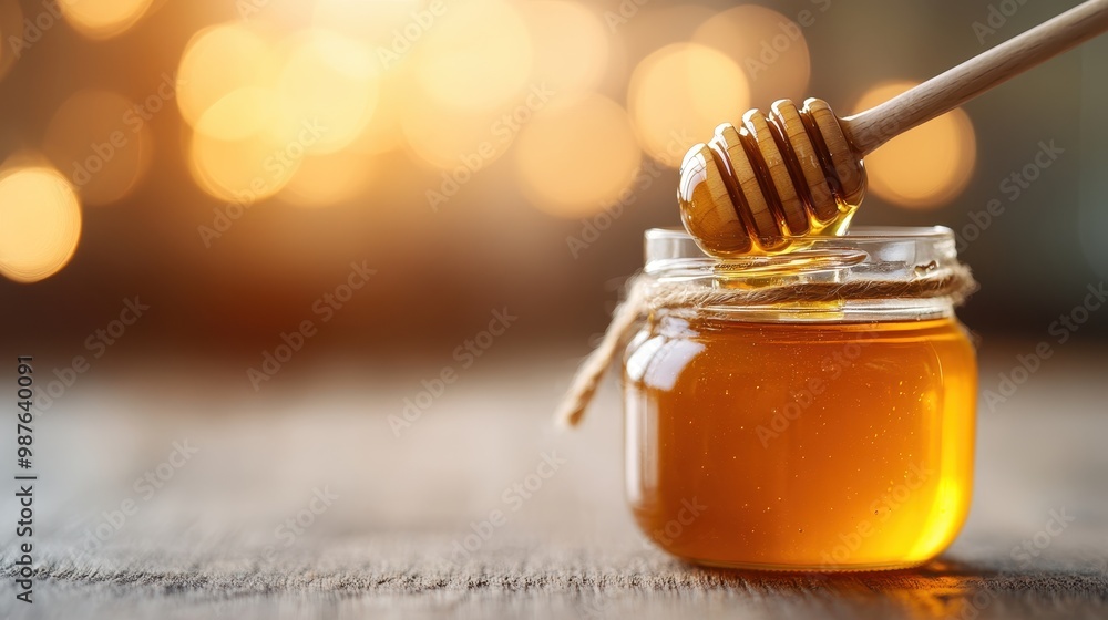 A close-up view of a glass jar of golden honey with a wooden dipper, set against a warm, bokeh-lit background, emphasizing the purity and richness of the honey. A close-up view of a glass jar of golden honey with a wooden dipper, set against a warm, bokeh-lit background, emphasizing the purity and richness of the honey.