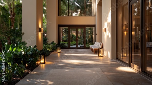 An inviting open hallway entrance features luxurious design elements, lush greenery outside, and natural light streaming in, creating an atmosphere of comfort and elegance.