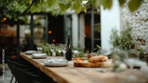 A beautifully set outdoor dining table under lush foliage, featuring plates, glasses, and a bottle, ready for an al fresco meal, exuding a serene and inviting atmosphere. photo